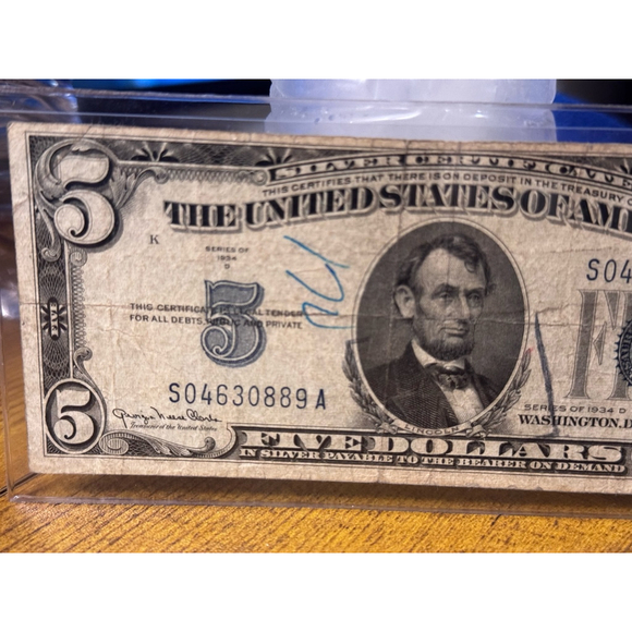 $5.00 Silver Certificate Blue note K 1934 D - Picture 3 of 9